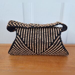 Vintage wood cork trapezoid bag boho beaded stripe minaudiere geometric novelty